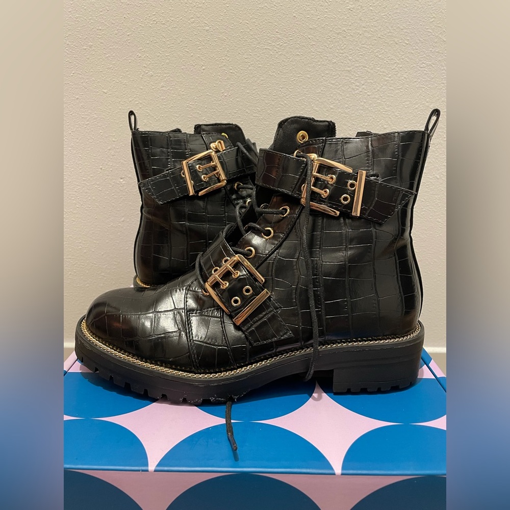 ASOS Aubrey Biker Lace Up Boots in Black Croc Size 10